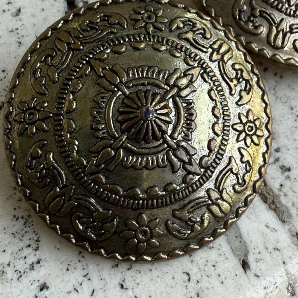 Vintage Earring Medallion Large Gold Tone Bronze Ornate Clip On